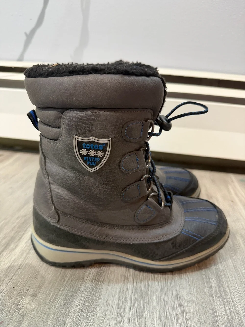 totes Kids Gray Boots with Blue Stitching